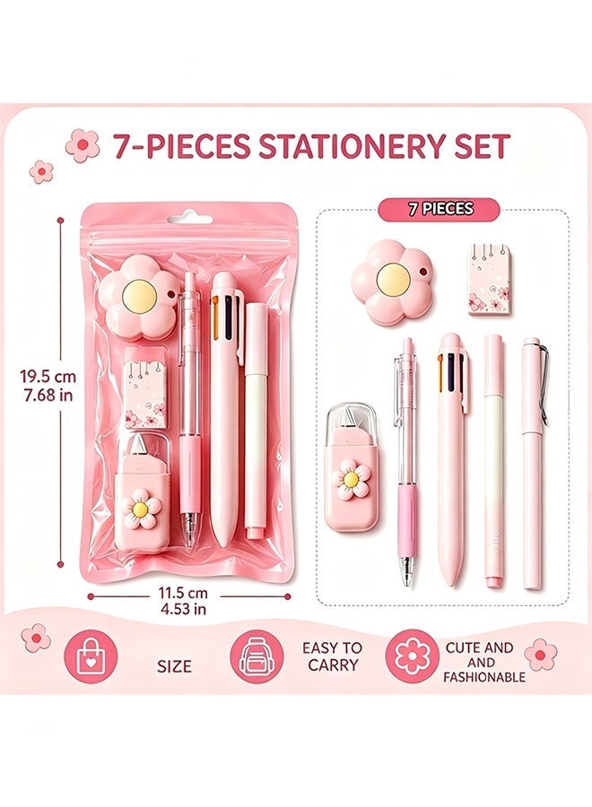 Wffo 7Pcs Pink Cute Stationery Set - Aesthetic Office & School Writing Supplies with Gel Pen, Highlighter, Ballpoint Pen, Mechanical Pencil, Correction Tape - Image 2