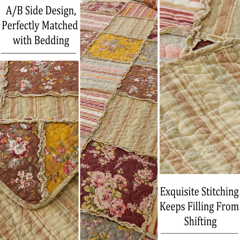 Cmfshape Floral Quilt Sets Bedspread Set 100% Cotton Patchwork Bedding Set, All Season Use Lightweight Reversible Coverlet Quilts with 2 Pillow Shams(Queen 92"x96") - Image 5