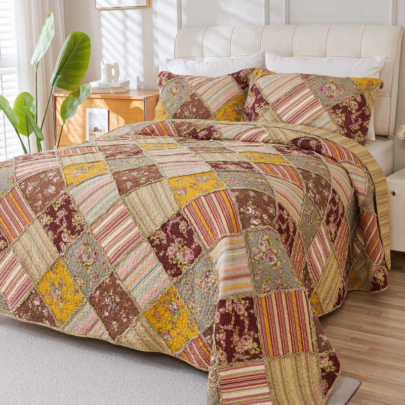 Cmfshape Floral Quilt Sets Bedspread Set 100% Cotton Patchwork Bedding Set, All Season Use Lightweight Reversible Coverlet Quilts with 2 Pillow Shams(Queen 92"x96") - Image 3