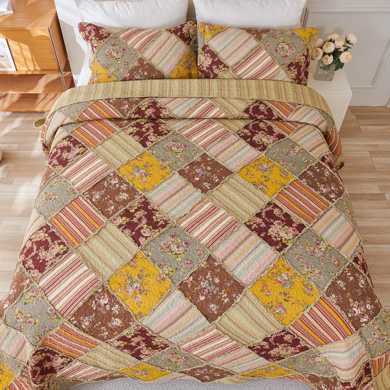 Cmfshape Floral Quilt Sets Bedspread Set 100% Cotton Patchwork Bedding Set, All Season Use Lightweight Reversible Coverlet Quilts with 2 Pillow Shams(Queen 92"x96") - Image 4