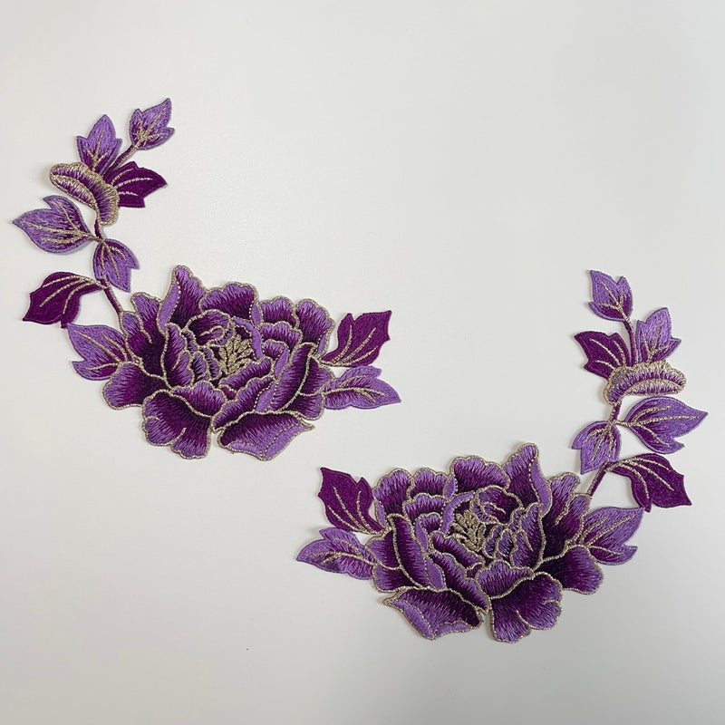 Shopdp One Pair Beautiful Peony Flower Patches, Elegant Peony Blossom Embroidered Applique for Clothes Backpacks T-Shirt Jeans Skirt Vests Scarf Hat Bag (One Pair Purple Peony) - Image 1