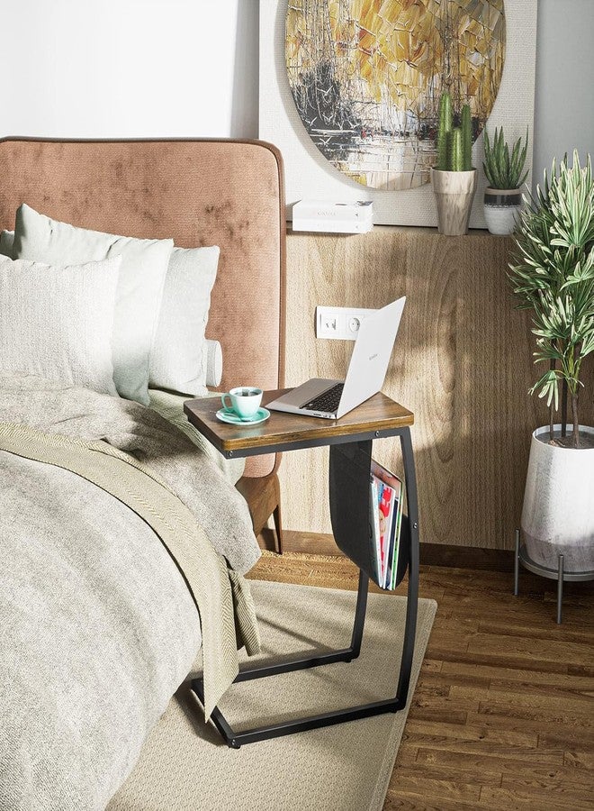 SRIWATANA Side Table End Table, Vintage C Shaped Couch Table with Side Pocket for Sofa Laptop Coffee Snack, Walnut - Image 2