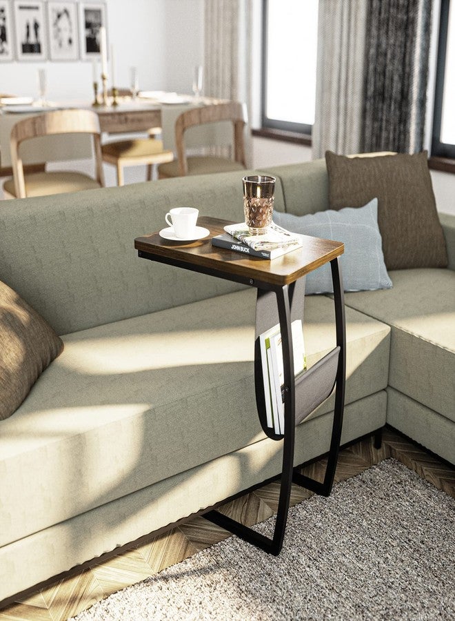 SRIWATANA Side Table End Table, Vintage C Shaped Couch Table with Side Pocket for Sofa Laptop Coffee Snack, Walnut - Image 3