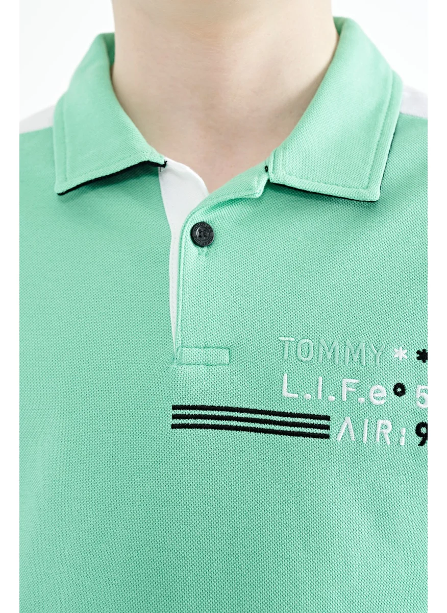 تومي لايف Aqua Green Color Block Shoulder Garni Detailed Standard Size Boy T-Shirt - 11155
