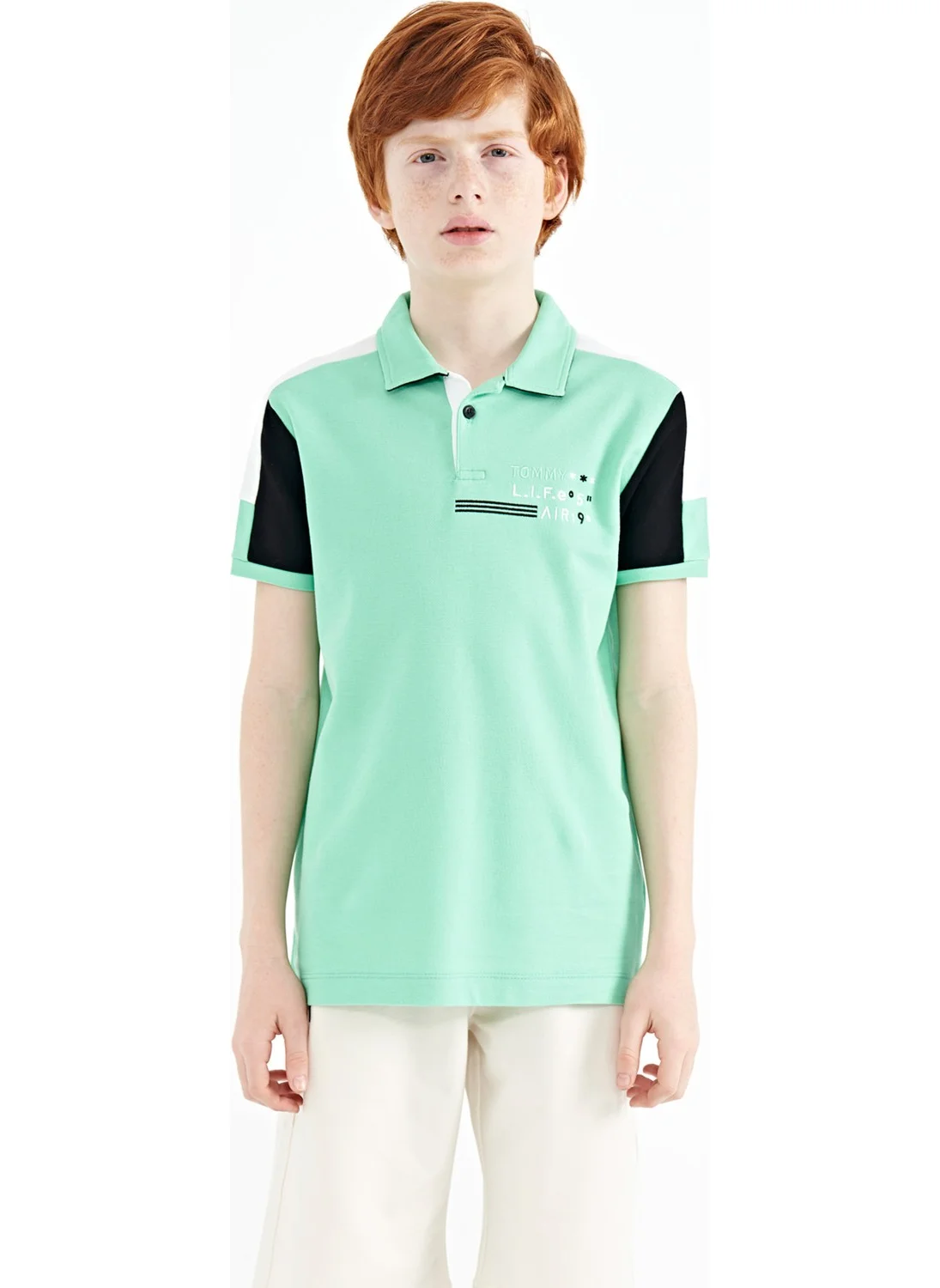 تومي لايف Aqua Green Color Block Shoulder Garni Detailed Standard Size Boy T-Shirt - 11155