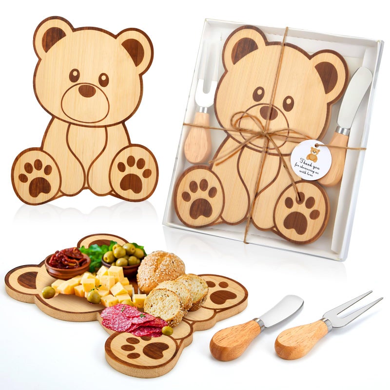 Ziliny 1 Set Baby Shower Prizes Bear Shaped Cheese Board with Cheese Knives and Forks Baby Shower Party Favors Gift Box for Wedding Bridal Birthday Gender Reveal Favor (Bamboo Color) - Image 1