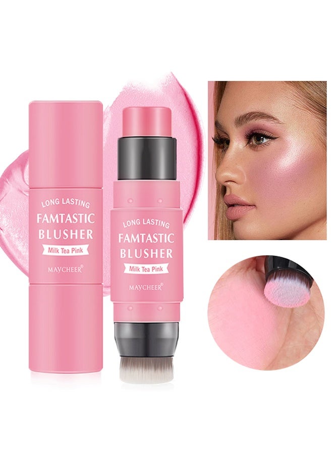 MAYCHEER Long Lasting, Famtastic Blusher, Cream Blush Stick with Brush - Waterproof Blush Makeup - Long Lasting 2 In 1 Cheek Blush And Lip Tint And Eye Shadow Makeup Stick - Cream Blush Makeup for All Skin Tones（01#Milk Tea Pink） - Image 1