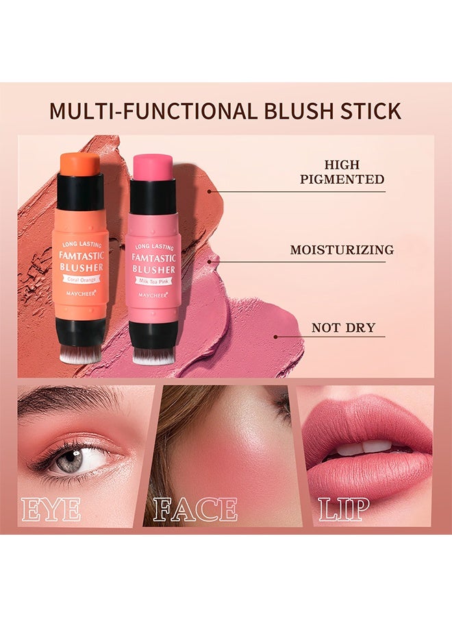 MAYCHEER Long Lasting, Famtastic Blusher, Cream Blush Stick with Brush - Waterproof Blush Makeup - Long Lasting 2 In 1 Cheek Blush And Lip Tint And Eye Shadow Makeup Stick - Cream Blush Makeup for All Skin Tones（01#Milk Tea Pink） - Image 5