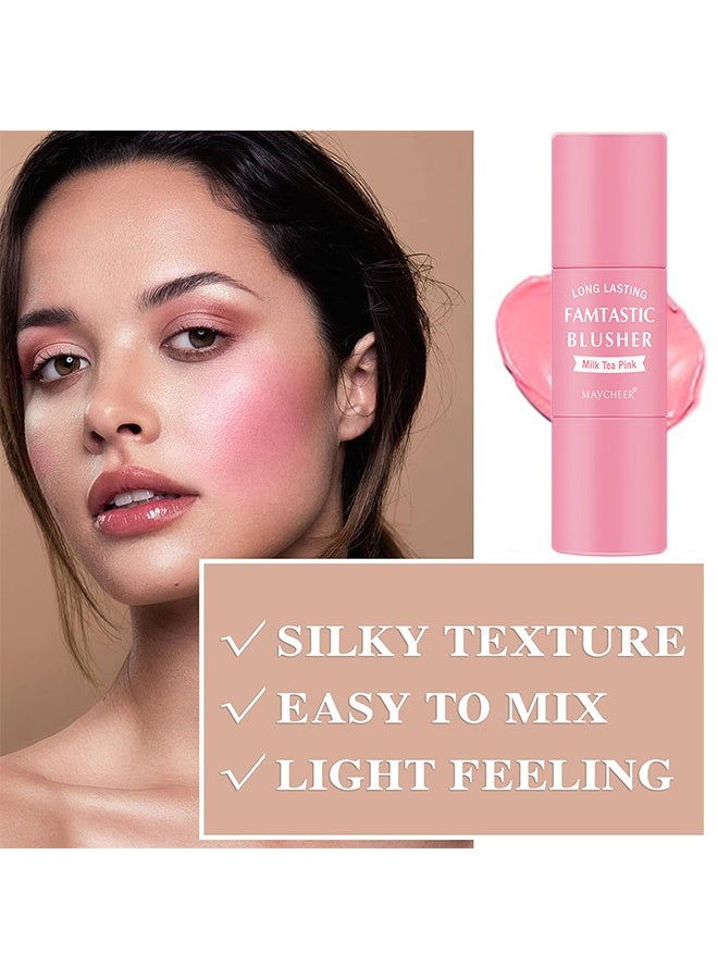 MAYCHEER Long Lasting, Famtastic Blusher, Cream Blush Stick with Brush - Waterproof Blush Makeup - Long Lasting 2 In 1 Cheek Blush And Lip Tint And Eye Shadow Makeup Stick - Cream Blush Makeup for All Skin Tones（01#Milk Tea Pink） - Image 3
