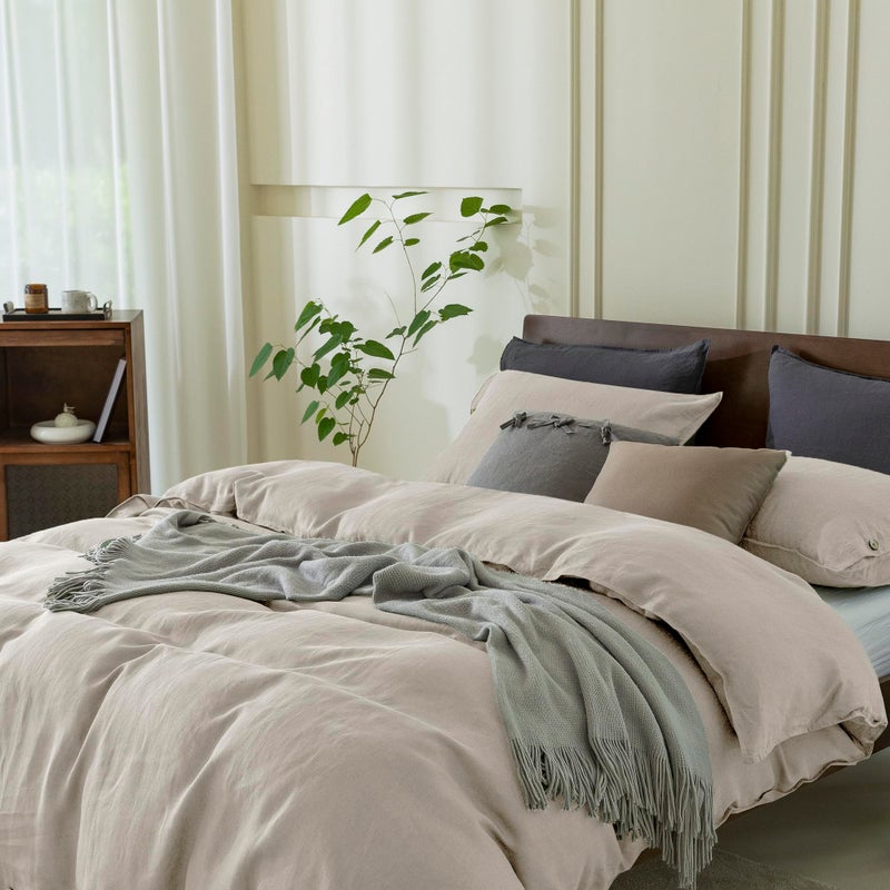 EVERLY Everly 100 ٪ غطاء لحاف الكتان النقي مجموعة King120x98inch 3pcs (غطاء لحاف واحد 2 وسادة) لينة وتنفس طوال الموسم مع إغلاق زر جوز الهند المناسب للنوم الساخن لينين  - Image 4