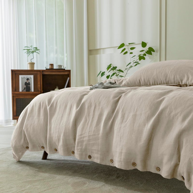 EVERLY Everly 100 ٪ غطاء لحاف الكتان النقي مجموعة King120x98inch 3pcs (غطاء لحاف واحد 2 وسادة) لينة وتنفس طوال الموسم مع إغلاق زر جوز الهند المناسب للنوم الساخن لينين  - Image 5