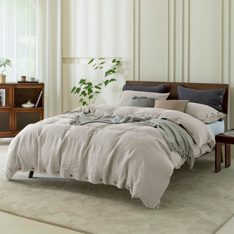EVERLY Everly 100 ٪ غطاء لحاف الكتان النقي مجموعة King120x98inch 3pcs (غطاء لحاف واحد 2 وسادة) لينة وتنفس طوال الموسم مع إغلاق زر جوز الهند المناسب للنوم الساخن لينين  - Image 3