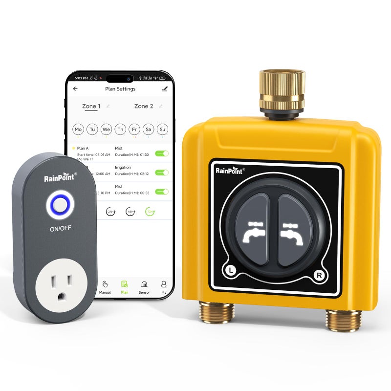 RAINPOINT WiFi Water Timer with Brass Inlet & Outletï¼Œ2 Zone WiFi Hose Timer for Lawn,WiFi Sprinkler Controller via APP/Voice Control,Automatic Watering System by Time/Weather/Quantity/Soil Moisture - Image 1