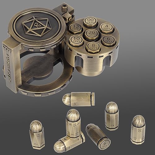 CZYY Metal Polyhedral Bullet Dice Set of 7 with Spinning Revolver Cylinder Container Cyberpunk Style Dice for DD SciFi War or Crime Theme Tabletop Games Bronze - Image 1