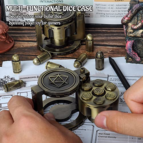 CZYY Metal Polyhedral Bullet Dice Set of 7 with Spinning Revolver Cylinder Container Cyberpunk Style Dice for DD SciFi War or Crime Theme Tabletop Games Bronze - Image 5