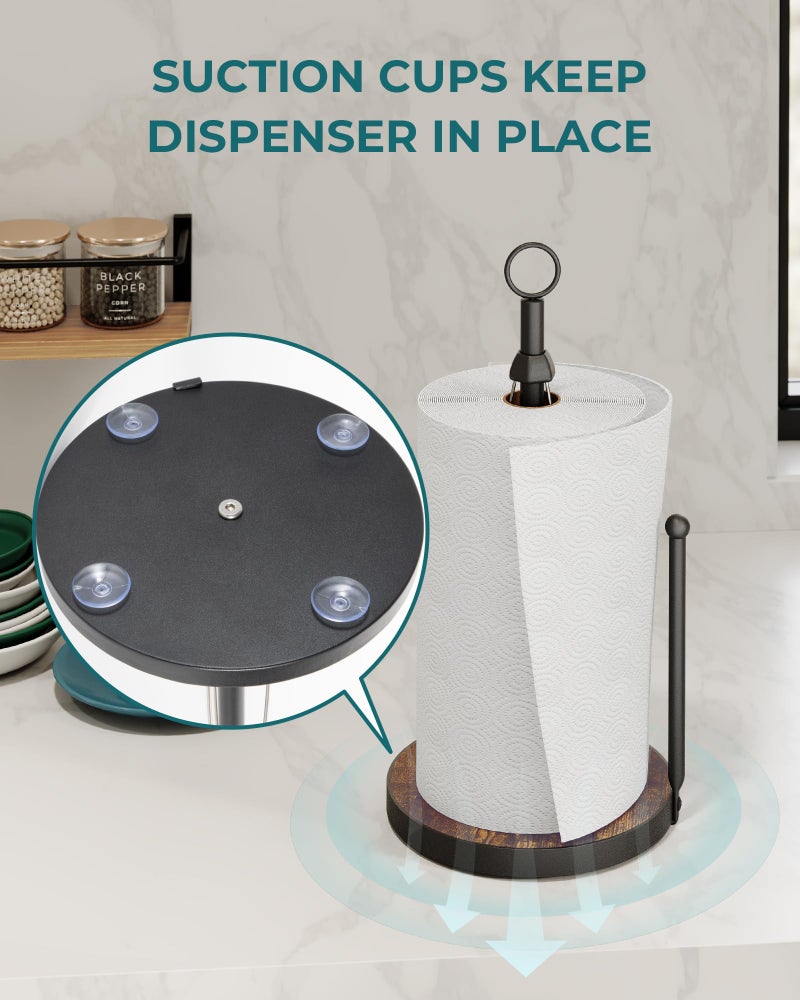 OROPY One-Hand Tear Paper Towel Holder Countertop, Farmhouse Wood Paper Towel Roll Holder with Ratchet Mechanism and Suction Cups fits Standard and Jumbo Size Paper Towels - Image 3