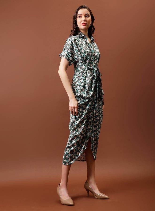 Athena Athena Printed Satin Shirt Midi Dress with Pleated Detail - Image 2