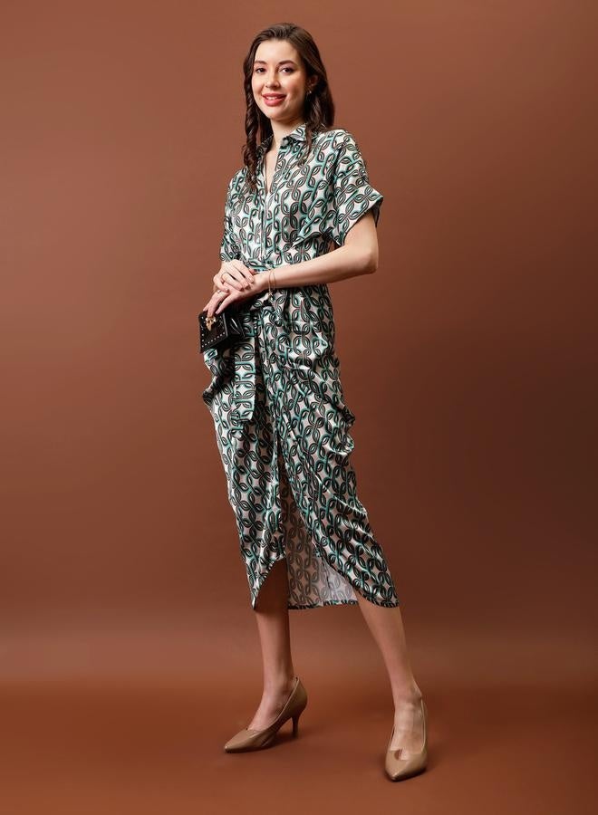 Athena Athena Printed Satin Shirt Midi Dress with Pleated Detail - Image 5