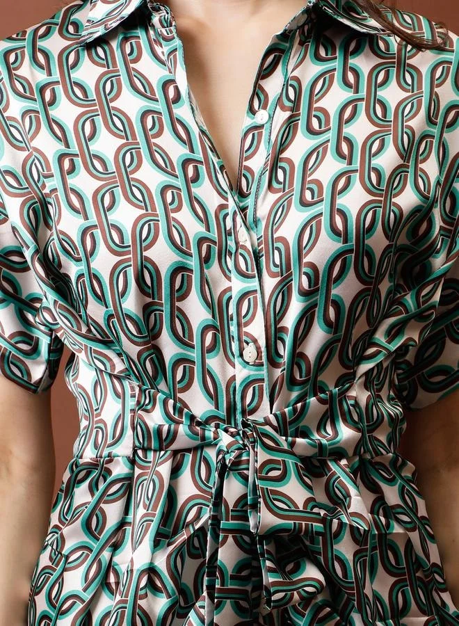 Athena Athena Printed Satin Shirt Midi Dress with Pleated Detail
