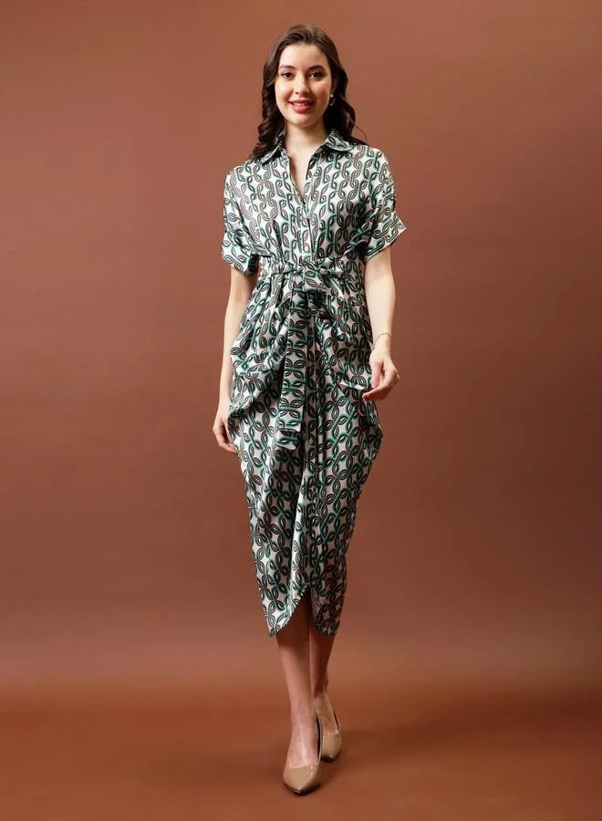 Athena Athena Printed Satin Shirt Midi Dress with Pleated Detail