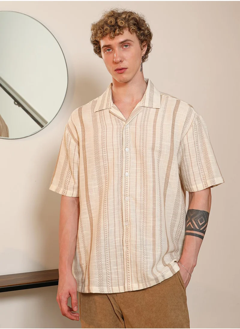 كامبوس سوترا Men's Beige Striped Cuban Collar Shirt