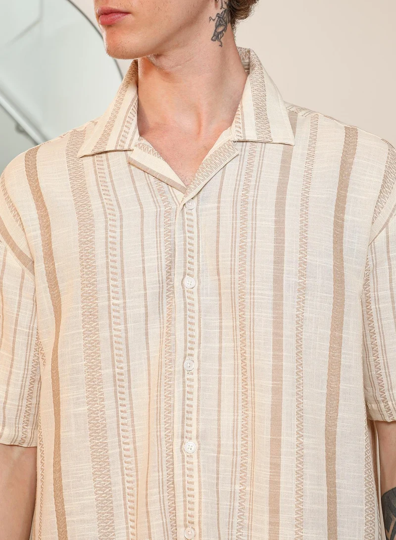 Campus Sutra Men's Beige Striped Cuban Collar Shirt