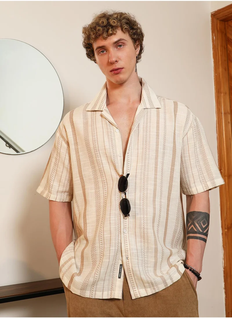 كامبوس سوترا Men's Beige Striped Cuban Collar Shirt