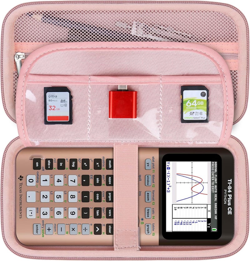 BOVKE حقيبة صلبة لآلة حاسبة من Texas Instruments TI-84 Plus CE Color Graphing Calculator/TI-84 Plus/TI-83 Plus CE، مع جيب إضافي بسحاب لكابلات USB، الشاحن، الدليل والمزيد، وردي ذهبي - Image 1