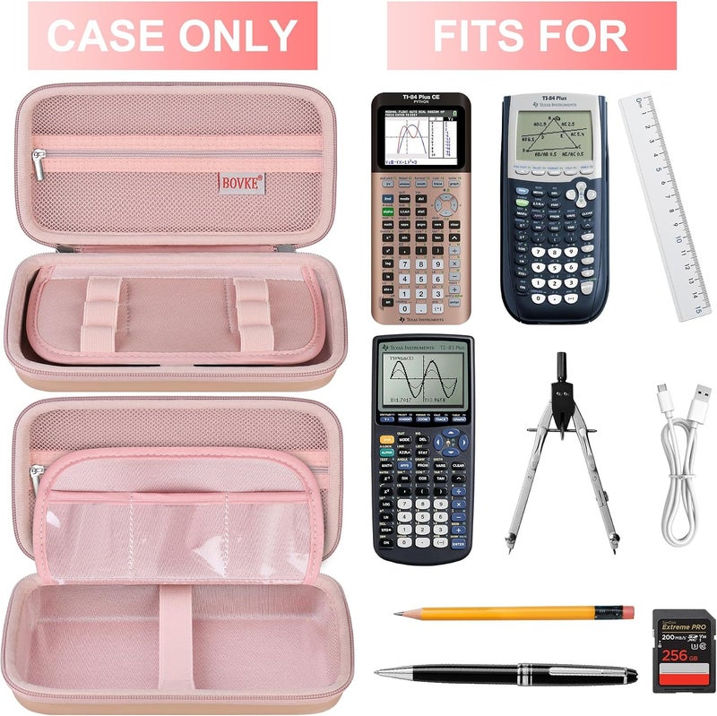 BOVKE حقيبة صلبة لآلة حاسبة من Texas Instruments TI-84 Plus CE Color Graphing Calculator/TI-84 Plus/TI-83 Plus CE، مع جيب إضافي بسحاب لكابلات USB، الشاحن، الدليل والمزيد، وردي ذهبي - Image 2