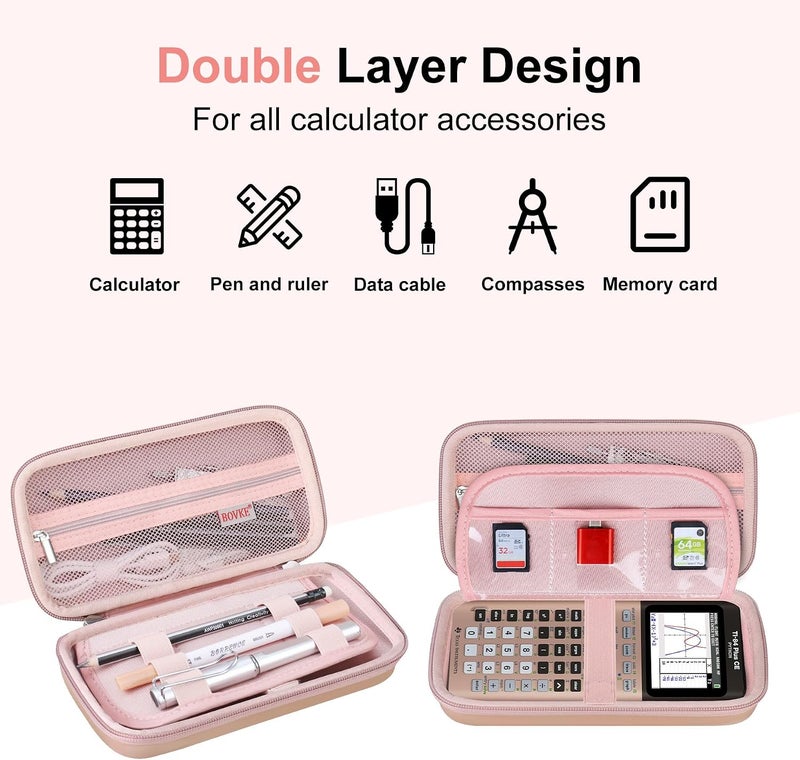 BOVKE حقيبة صلبة لآلة حاسبة من Texas Instruments TI-84 Plus CE Color Graphing Calculator/TI-84 Plus/TI-83 Plus CE، مع جيب إضافي بسحاب لكابلات USB، الشاحن، الدليل والمزيد، وردي ذهبي - Image 3