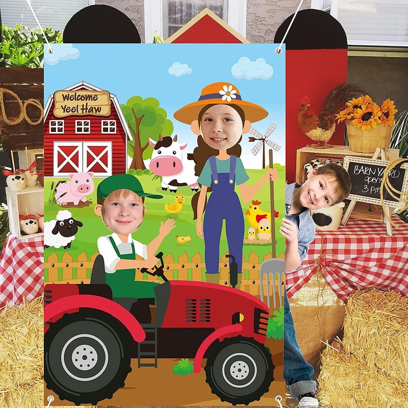 Haooryx Farm Animals Photobooth Props Farm Animals Large Satin Fabric Photo Booth Props Backdrop Face in Hole Background Banner Sign Decor Happy Birthday Party Decorations Supplies No Diy Door Cover
