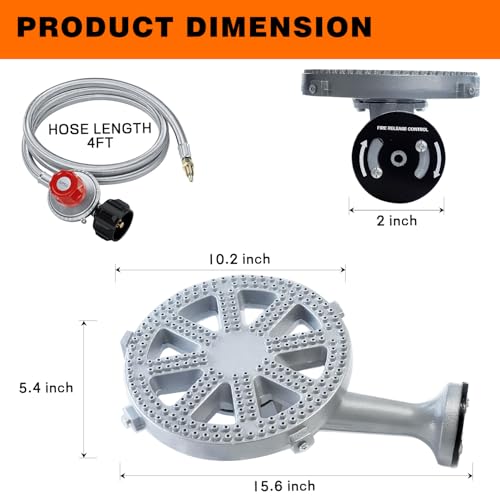 Veralune High-Pressure Cast-Iron Propane Burner Head Round Burner Head with 20 PSIG Adjustable Regulator, Hose & Brass Fittings for Turkey Fryer Burners, Outdoor Cooking, Camping - Image 2