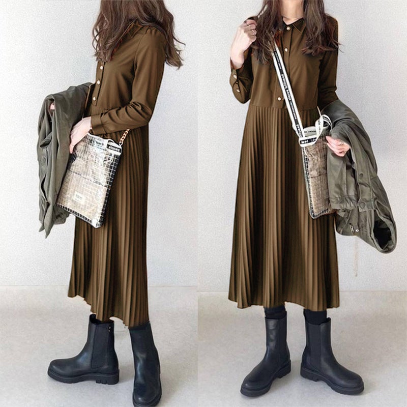Premium Fall 2024 Pleated Collar Shirt Dress Green - Image 4