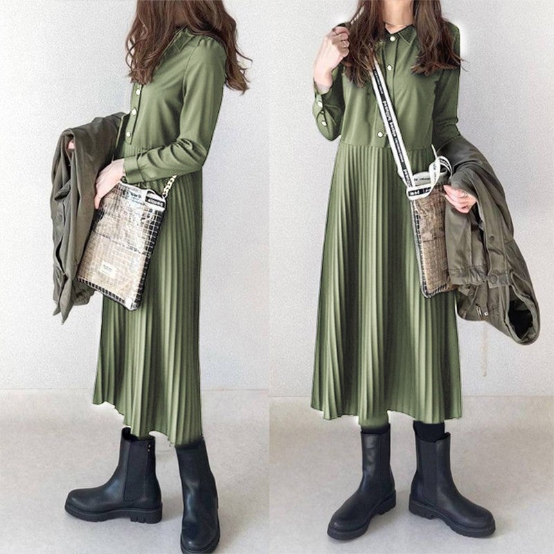 Premium Fall 2024 Pleated Collar Shirt Dress Green - Image 5