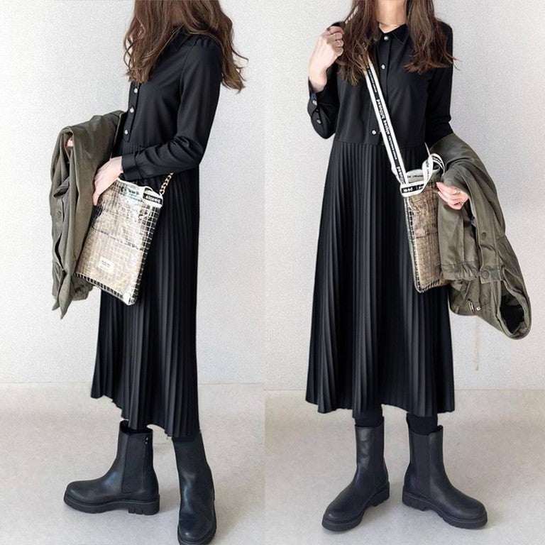 Premium Fall 2024 Pleated Collar Shirt Dress Green - Image 3