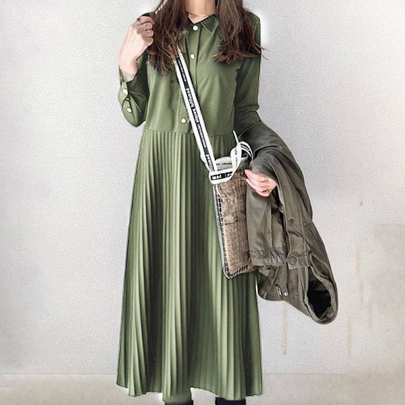 Premium Fall 2024 Pleated Collar Shirt Dress Green - Image 1