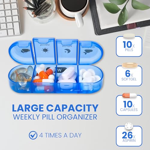 OCEANEVO 4 Times a Day, Weekly Medicine Storage Organizer box for Home and Travel, 7 days Pill Organizer Box for Vitamins, Tablet & Supplements - Multi Color - 4 Compartments - 1 Year Warranty - Image 2