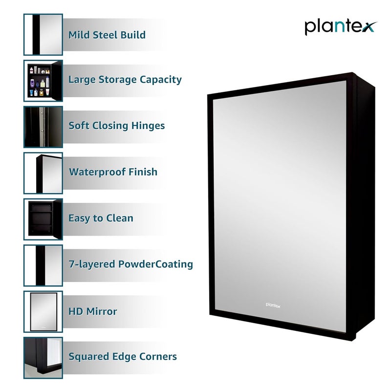 plantex Plantex HeavyDuty Stainless Steel Bathroom Organiser with MirrorBathroom Mirror CabinetMirror Cabinet for Wash BasinMirror with Storage 14x20 InchBlack  - Image 3