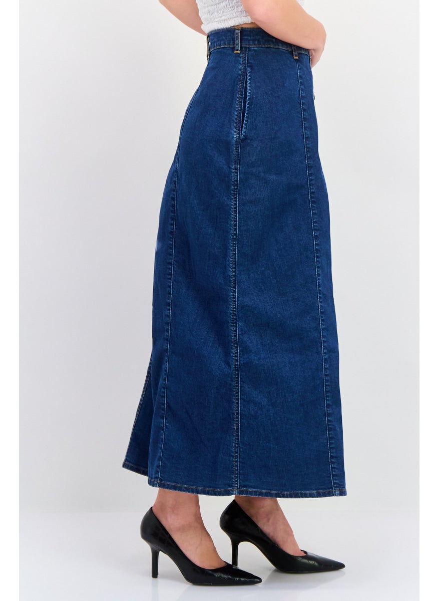 Wrangler - Women Washed Denim Midi Skirt, Navy - Image 1