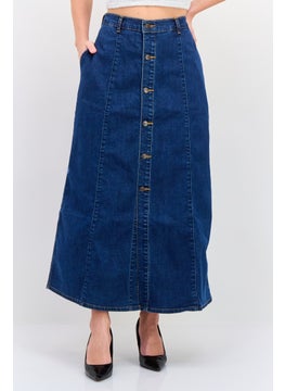 Women Washed Denim Midi Skirt, Navy