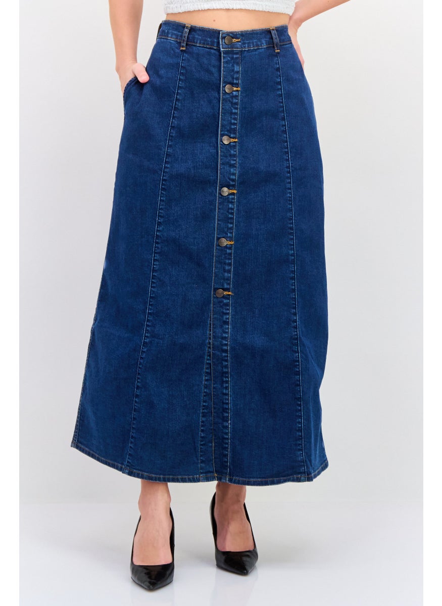 Wrangler - Women Washed Denim Midi Skirt, Navy - Image 1