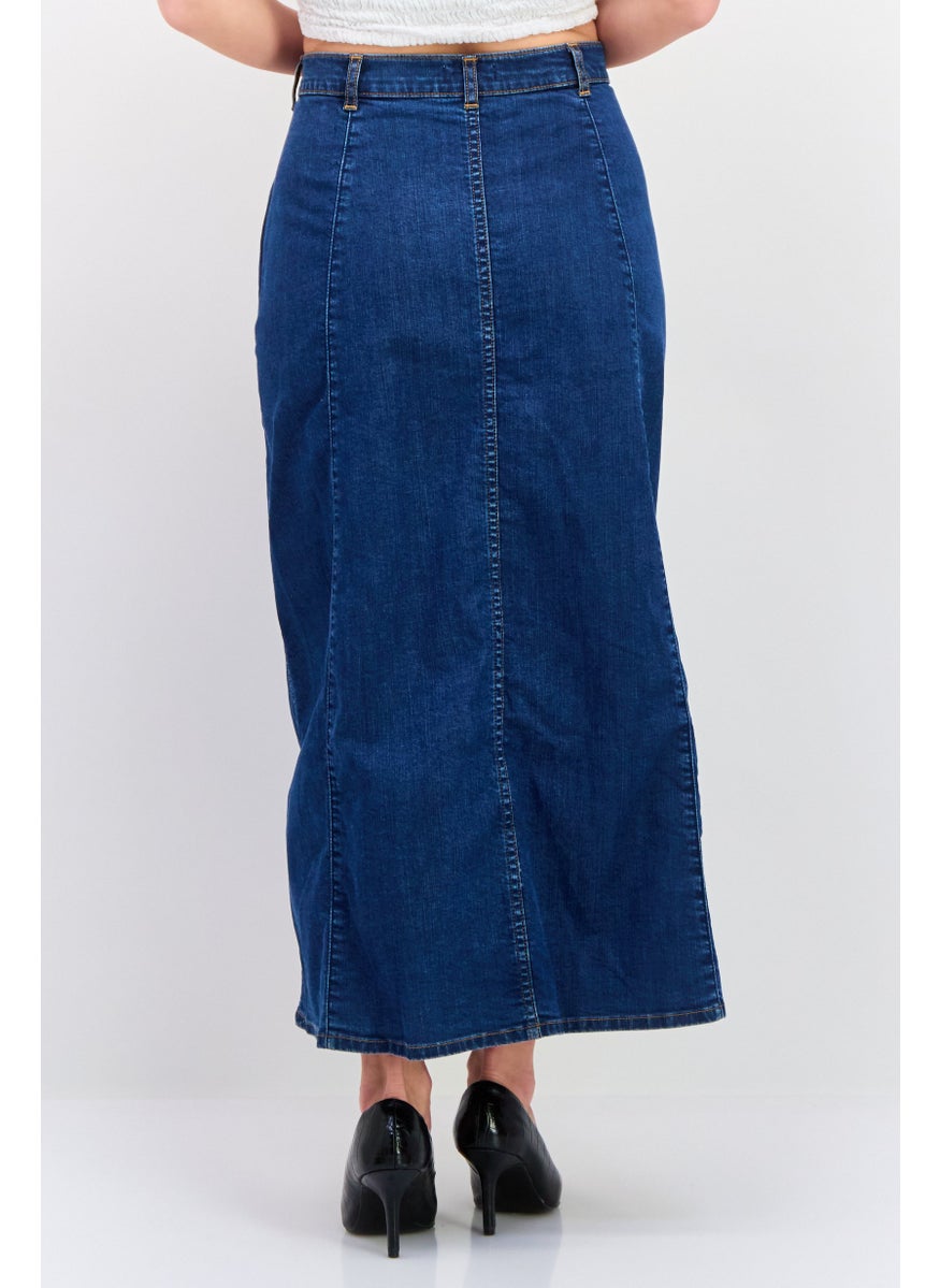 Wrangler - Women Washed Denim Midi Skirt, Navy - Image 1