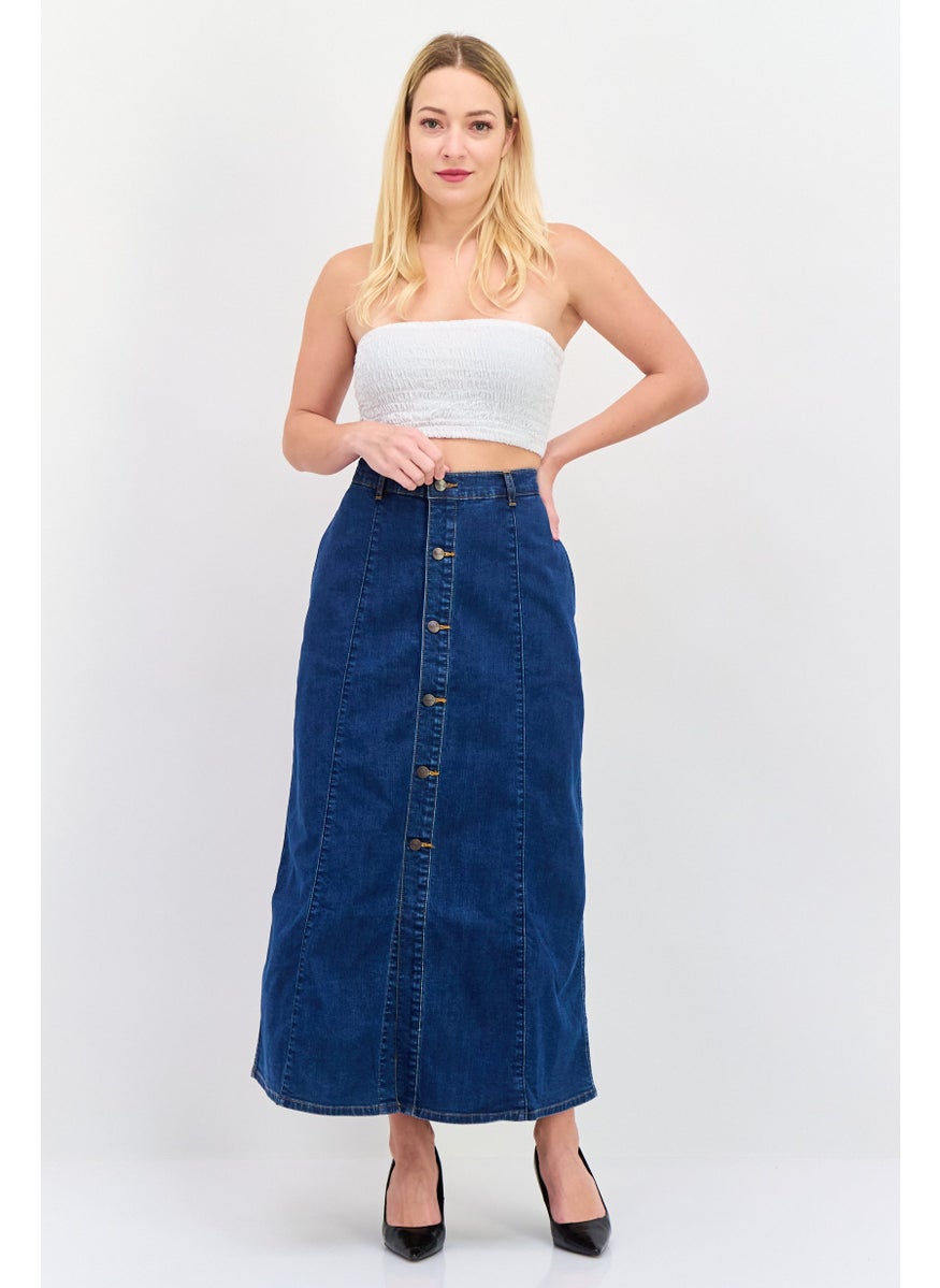 Wrangler - Women Washed Denim Midi Skirt, Navy - Image 1
