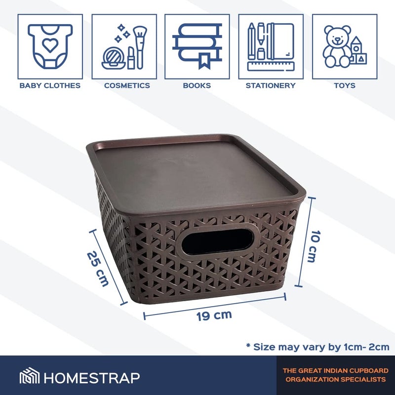 HomeStrap Set of 3 Plastic Storage OrganizersBaskets With Lid For Kitchen Clothes Multipurpose Vegetables Toys Books office Stationery Wardrobe SmallBrown Rectangular - Image 2