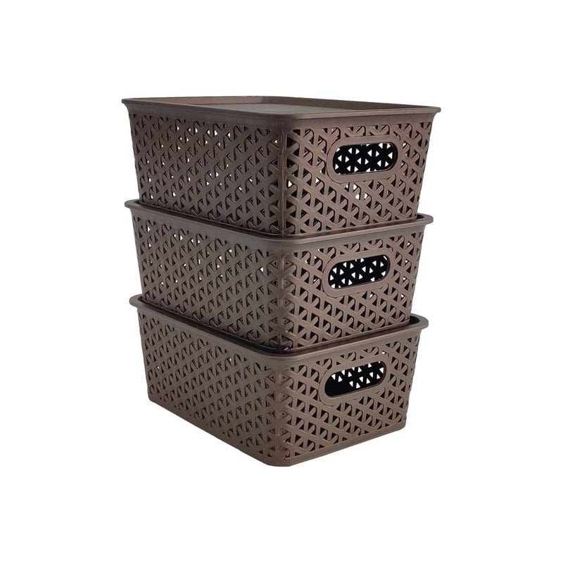 HomeStrap Set of 3 Plastic Storage OrganizersBaskets With Lid For Kitchen Clothes Multipurpose Vegetables Toys Books office Stationery Wardrobe SmallBrown Rectangular - Image 1