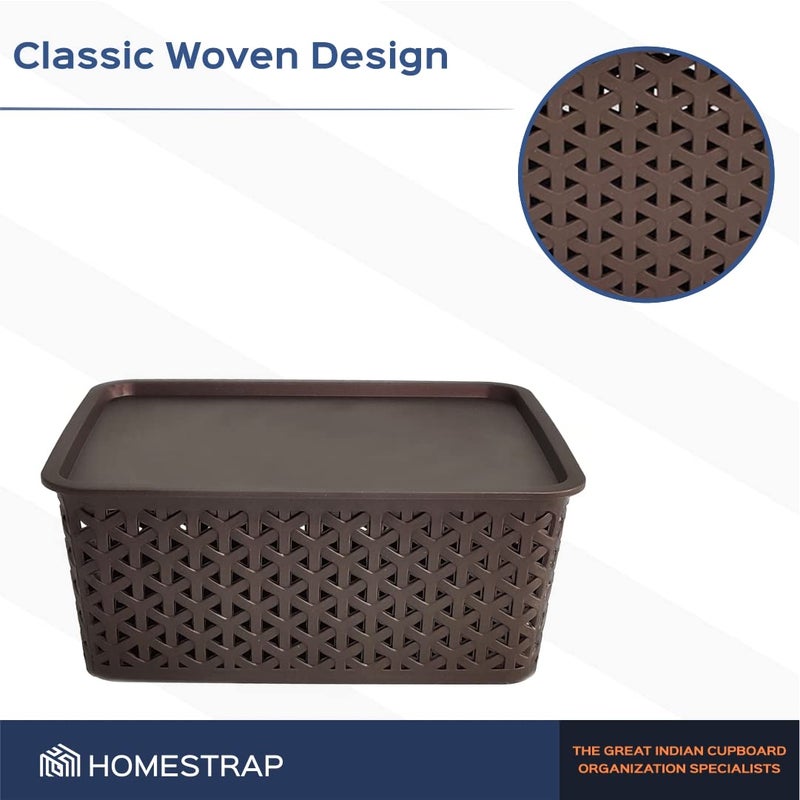 HomeStrap Set of 3 Plastic Storage OrganizersBaskets With Lid For Kitchen Clothes Multipurpose Vegetables Toys Books office Stationery Wardrobe SmallBrown Rectangular - Image 4
