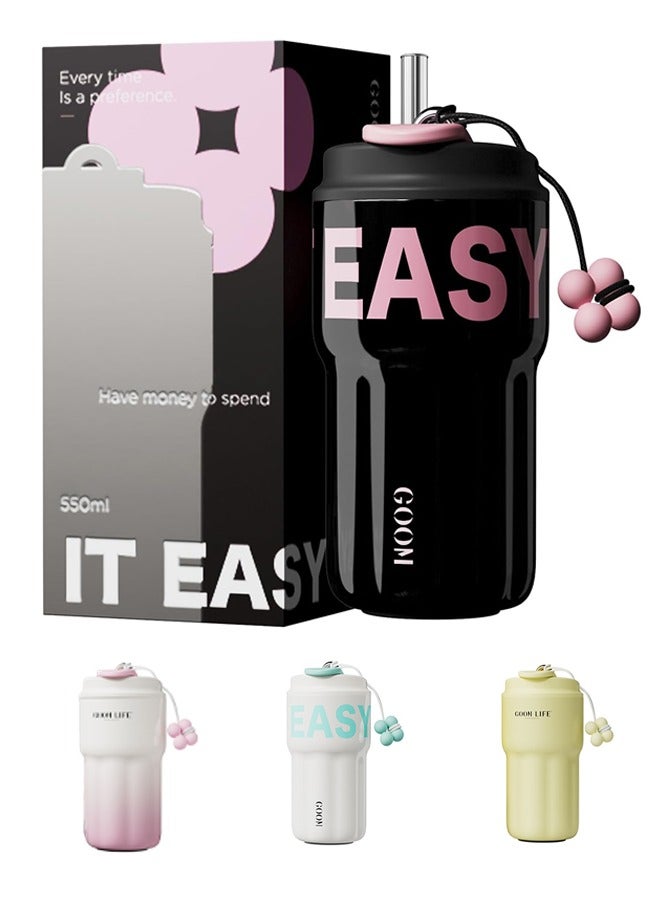 Goom Stainless Steel Tumbler, 18oz Tumbler with Lid and Straw, 18/10 Spill Proof Insulated Water Bottle with Flip Lid and Straw Mouth Rotary Lock, Black&Pink - Image 1