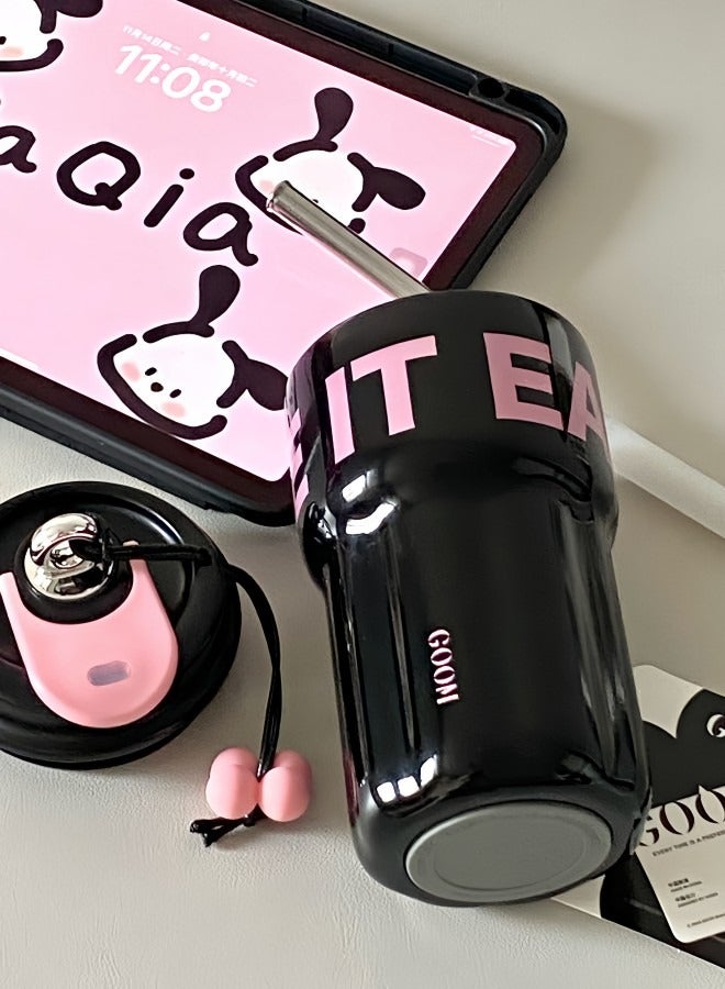 Goom Stainless Steel Tumbler, 18oz Tumbler with Lid and Straw, 18/10 Spill Proof Insulated Water Bottle with Flip Lid and Straw Mouth Rotary Lock, Black&Pink - Image 2