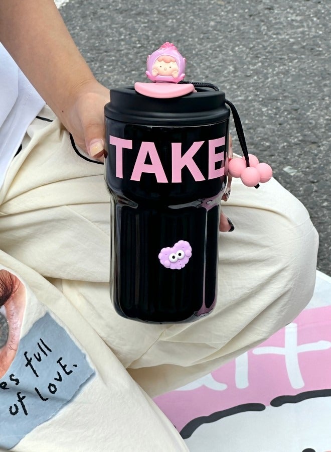 Goom Stainless Steel Tumbler, 18oz Tumbler with Lid and Straw, 18/10 Spill Proof Insulated Water Bottle with Flip Lid and Straw Mouth Rotary Lock, Black&Pink - Image 3