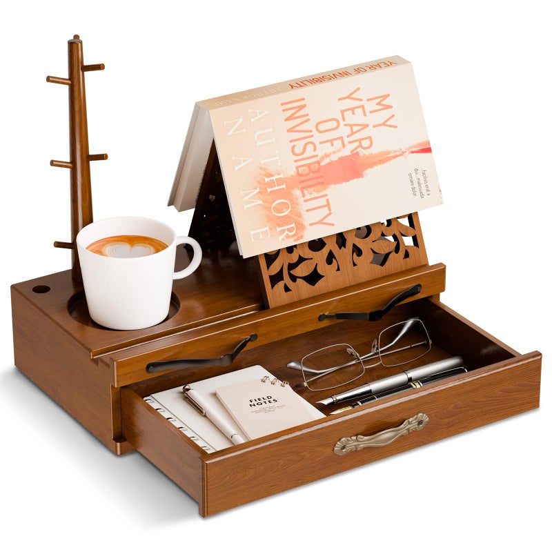 CILXGQLN Adjustable Wooden Book Stand with Storage MultiFunction Hands Free Book Holder for Books Tablets Recipes with Cup Slot Pen Groove Page Holder Perfect Kitchen Counter Gifts for Book Lovers - Image 2